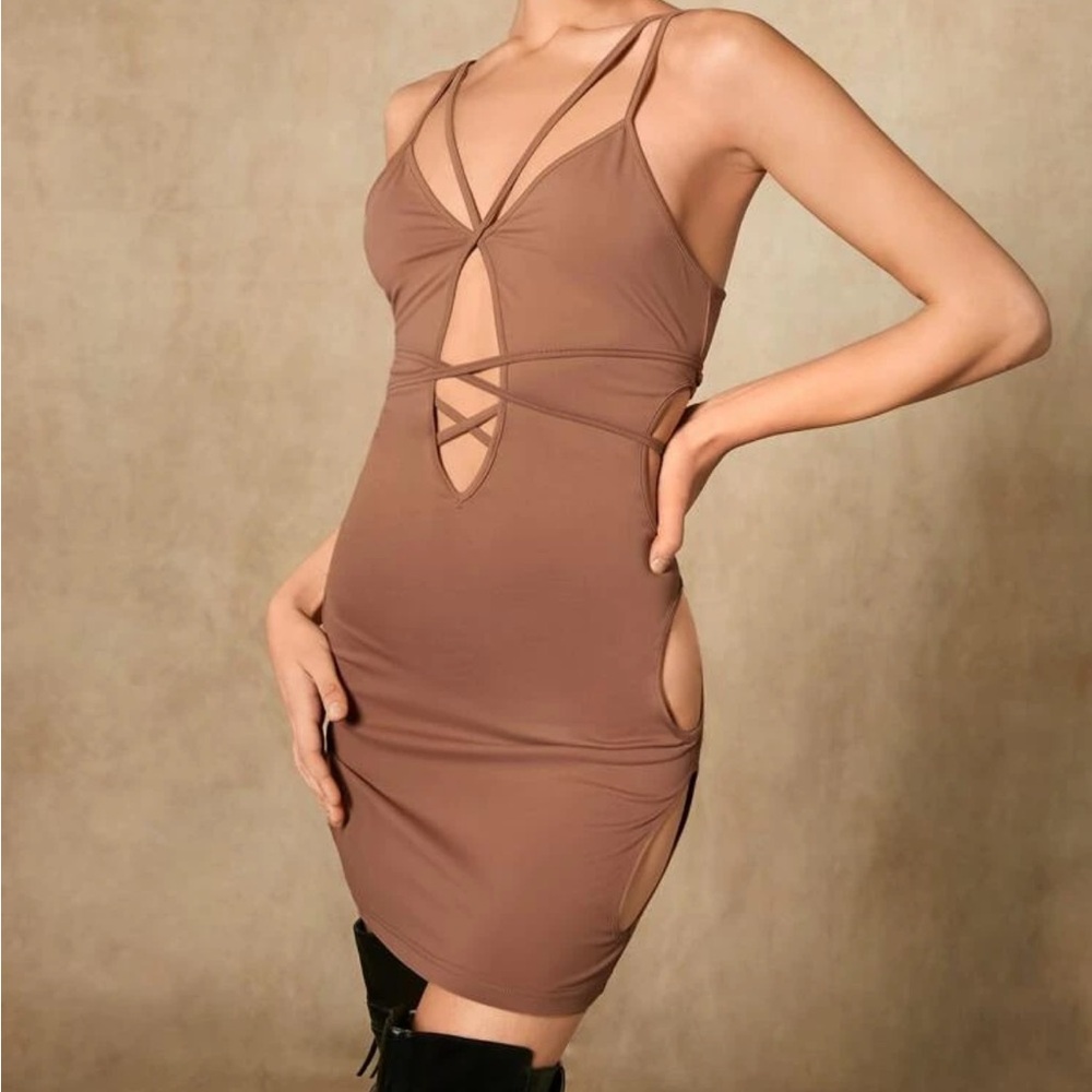 Brown Backless Cut Out Bodycon Dress